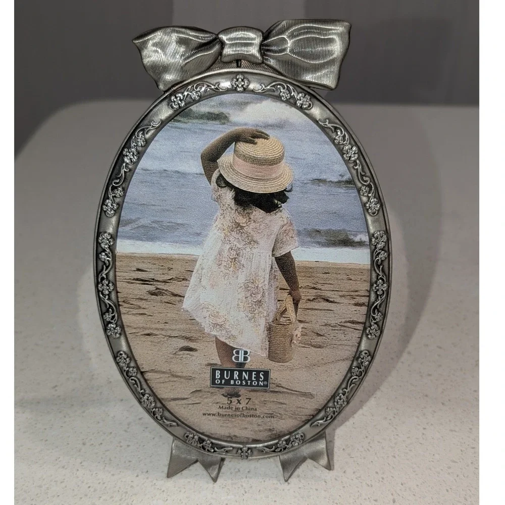 Burnes of Boston Picture Frame Silver Pewter Bow Oval 5x7
